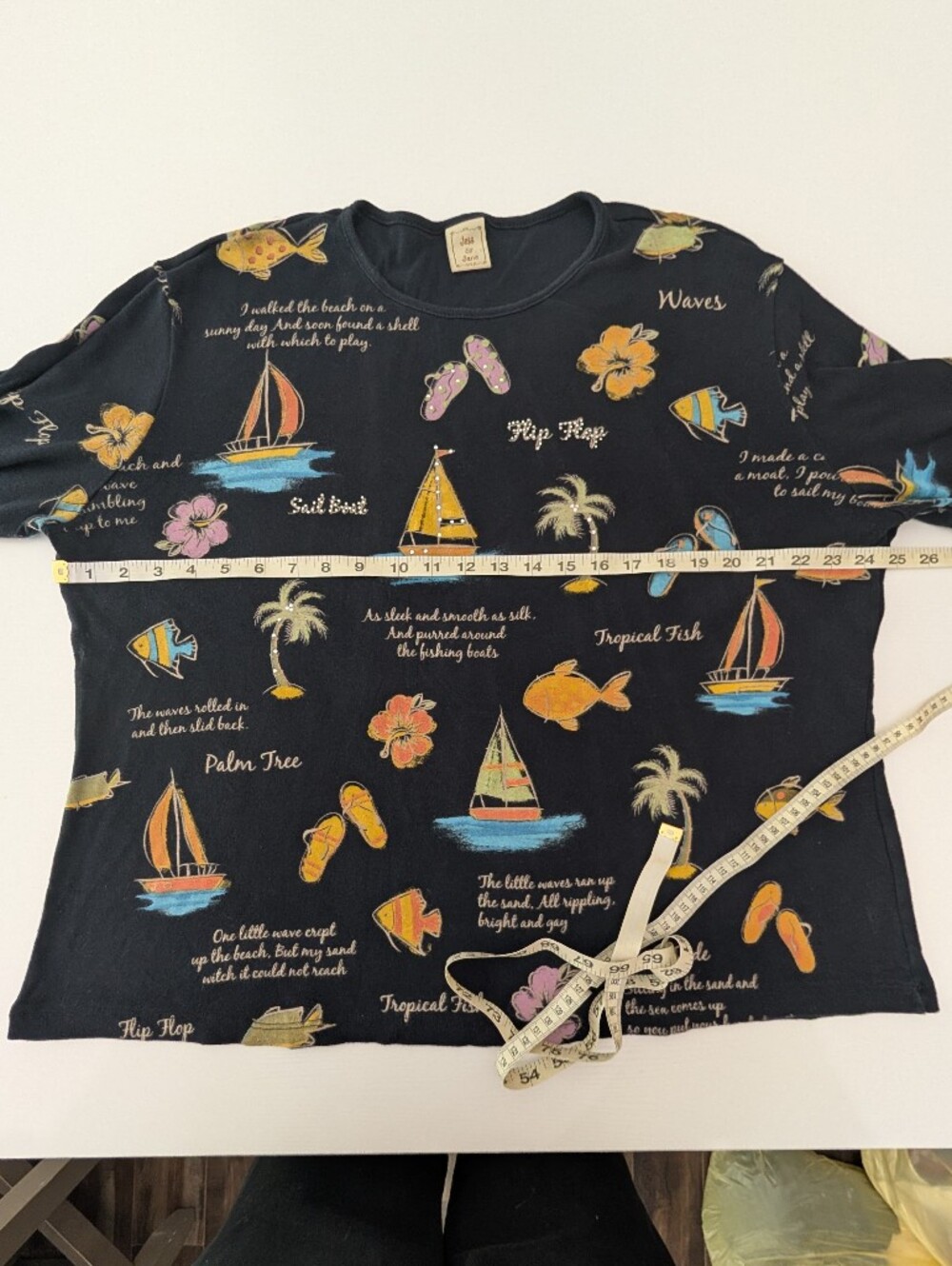 Jess & Jane Cotton Navy Blue Tropical Beach Print Top Tee Plus Size 1X Casual - Picture 4 of 6